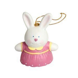 Vintage Russ Ceramic Bunny Bell Ornament Pink Dress Hanging 14997